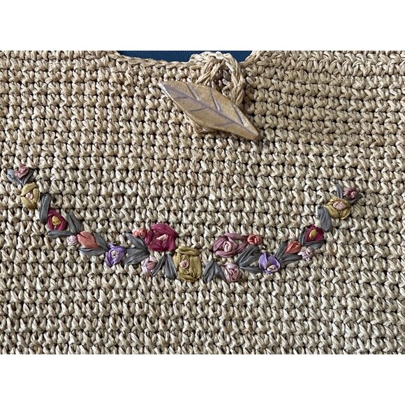 Straw Shoulder Bag Floral Embroidery & Leaf Button Closure Boho Beach Lagenlook - Picture 3 of 9